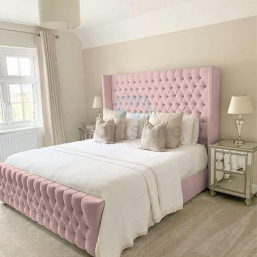 YORKSHIRE HOMEWARE Chesterfield Plush Velvet Wingback Bed Frame Gas Lift Options Ottoman Storage Gas Lift Winged Bed UPHOLSTERED BED FRAME Royal Winged Bed (Pink, 3FT SINGLE)