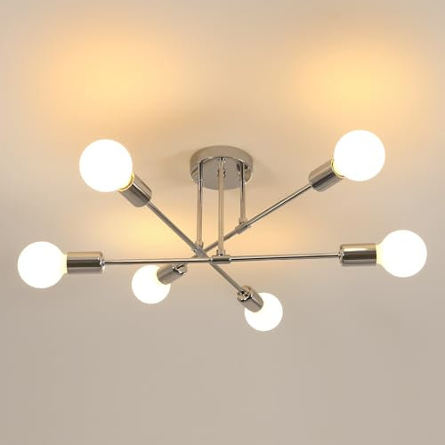 Goeco Industrial Vintage Deckenleuchte, Galvanisierte Metall Deckenlampe Kronleuchter mit 6 E27 Fassungen für Wohnzimmer Esszimmer Küche Flur, Chrom, Dia. 60 cm(Ohne Glühbirnen)