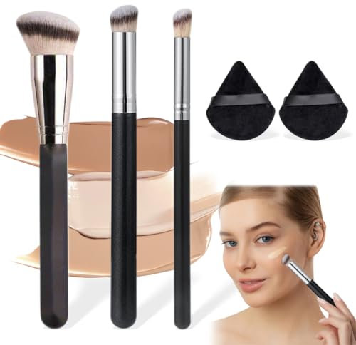 Pinceau Anti Cerne, 3Pcs Pinceau Fond de Teint, Pinceau de Maquillage Professionnel pour Maquillage du Visage pour n'Importe Quel Look, Pinceau Fond De Teint Fluide aver 2 Choux de Poudre