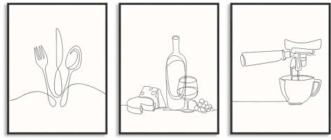 Dazzlewall 3er Set Minimalistische Linie Küche Wandbilder, Schwarz Weiß Abstrakte Linie Leinwand Bilder für Esszimmer Coffee Bar Wohnzimmer Deko 30×40 cm Ungerahmt