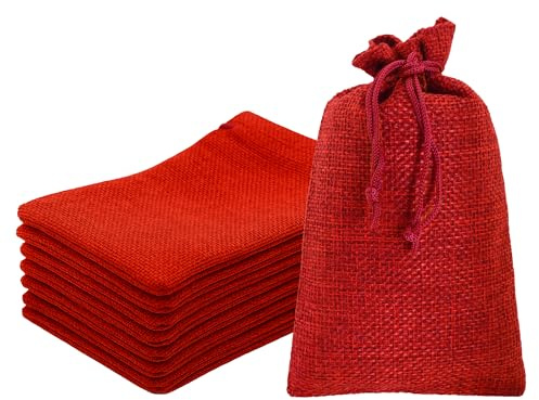 Mandala Crafts 6X8 Inch Red Burlap Drawstring Gift Bags for Favors - 30 Medium Linen Sacks Gift Pouches for Candy, Coffee, Jewelry, Wedding, and Party Supplies