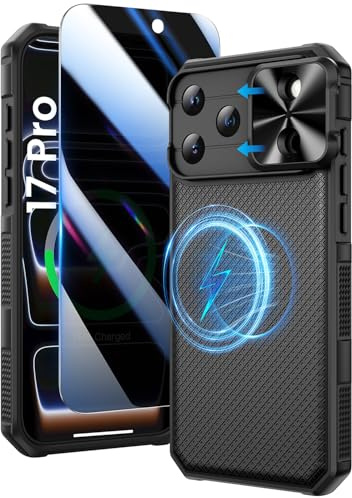 Doeshine for iPhone 17 Pro Case Screen Protector & Slide Camera Cover,Black | Privacy Screen, Slide Camera Cover, Military-Grade Drop Protection Rugged Hard Magnetic Phone Case Cover for iPhone 17 Pro