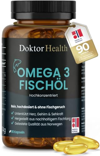 Doktor Health Omega-3 Fischöl 2000 mg - Hochdosiert mit DHA & EPA - Kein Fischgeruch - 90 Softgel-Kapseln - Gereinigt & laborgeprüft - Totox-Wert 3,8 (ultra-frisch) - Unterstützt Herz, Gehirn & Augen