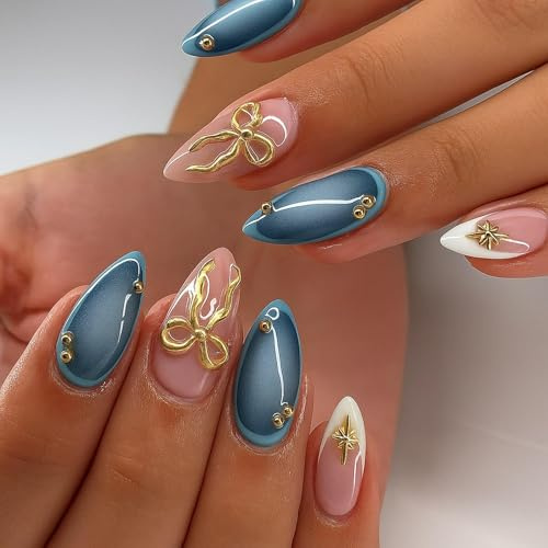 High Gloss Stiletto Press On Nails 24PCS with 3D Gold Bow Star - Medium Length Blue Pink White Ombre French False Nails for Women Wedding Party Special Occasion Manicure Set