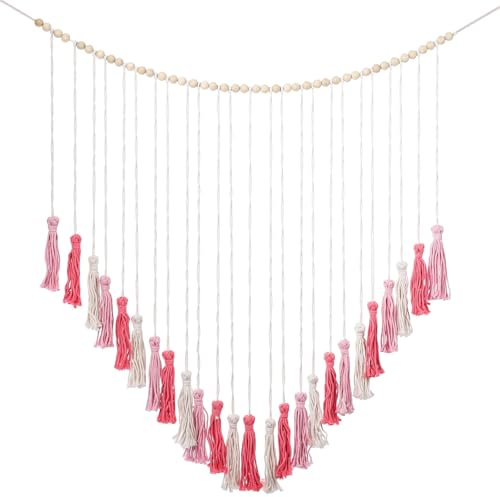 SWEWARM Grande tapisserie murale bohème faite à la main en macramé – 109 x 99 cm – Corde décorative en coton rose pâle avec perles en bois pour chambre à coucher, salon, mariage
