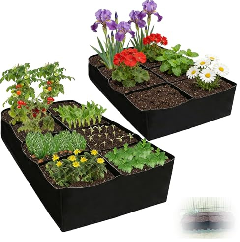 LZEXIN 2 Pack 180x90x30CM Fabric Raised Garden Beds, 128 Gallon 8 Grids Rectangle Large Plant Grow Bags, Durable Breathable Planting Container Planter Pot for Growing Herbs Vegetables Potatoes