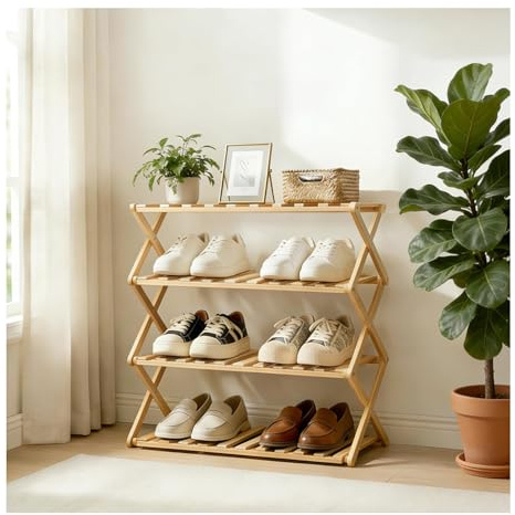 KOMTWNM Schuhregal Bambus mit 4 Ebenen, Faltbar, Schuhorganizer Platzsparend,Ohne Installation, Schuh Regal Holz für Flur, Dielen, Schlafzimmer, Wohnzimmer