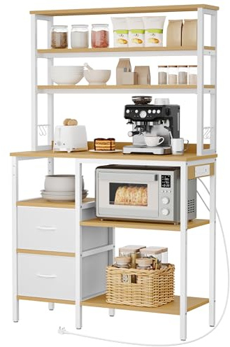 YITAHOME Bakers rack with power outlet, 2 AC outlets 2 USB ports, Coffee Bar station, Baker's Rack with 2 Drawers and 4 Hooks, microwave shelf, for oven, 39.3 x 15.7 x 66 inch, Oak and White