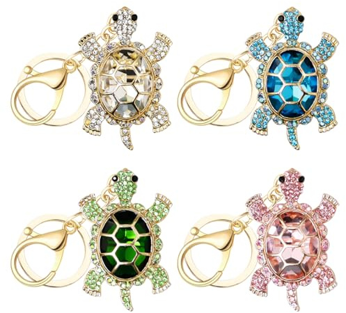 Rebanky 4 Porte Clés Tortue à Strass, Métal 4 Couleurs, Cadeaux Marins | Pendentifs Brillants Tortue pour clés, sacs à main, Portefeuilles et Sacs à dos; Motifs Tortue pour Adulte