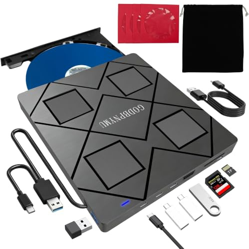GODBPNYMU 8-in-1 External Blu-ray drive, USB-C Hub & Card Reader for Laptop | Win11/10/8/7/Mac OS.compatible · 2 USB + USB-C ports,TF/SD Card Reader, · 1+4 storage bags included