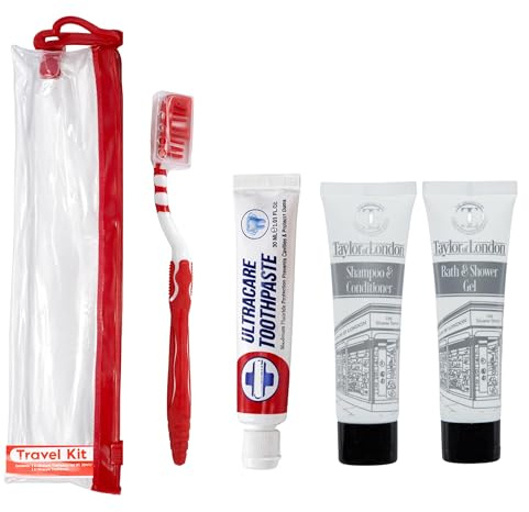 Lot de 5 trousses de toilette de voyage pour homme et femme – Essentiels de vacances avec brosse à dents de voyage, mini dentifrice, mini shampooing après-shampoing de 30 ml, gel douche 30 ml, sacs de