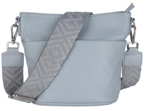 MIRROSI Damen Umhängetasche, Crossbody Bag, Echtleder I Made in Italy (1 Tasche 1 oder 2 Gurt(e)), 24x18x12cm (BXHXT) Mittelgroß (Upgrade Version (mit 2 Gurte): Babyblau Fischgrät)