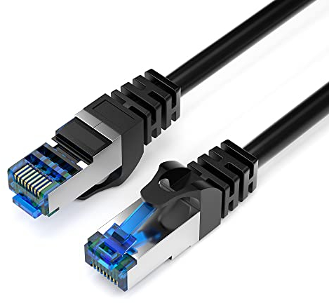JAMEGA - 50m CAT 7 Netzwerkkabel Gigabit Ethernet Lan Kabel in schwarz | 10000 Mbit s | Patchkabel Cat.7 Rohkabel S FTP PIMF Schirmung mit RJ45 Stecker | Switch Router Modem Access Point