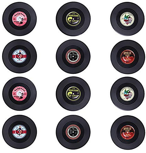 Coolty 12 Stück Retro Vinyl Schallplatten Untersetzer, Rutschfeste Tasse Matte, Isolierte Kaffee Getränke Untersetzer für Tassen Tisch Bar Glas Gläser, 10 * 10 * 0.2cm (Stil B)