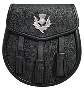Uneed 100% BLACK LEATHER SPORRAN WITH THISTLE AND 3 TASSELS SCOTTISH KILT SPORRAN WITH CHAIN BELT 02