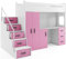 Interbeds Lit Mezzanine Max 4 en 80x200 avec Bureau, Armoire, Matelas, sommier et escalier (Blanc+Rose)