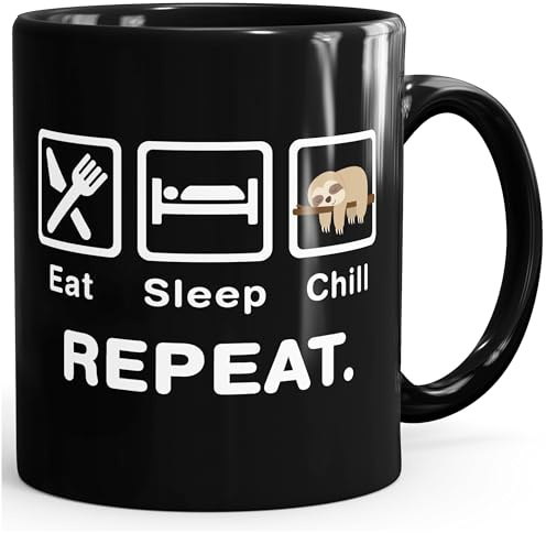 MoonWorks® Kaffee-Tasse mit Spruch Eat Sleep Repeat Mega Mix Bürotasse lustige Geschenke Kaffeebecher Schwarz Keramik-Tasse