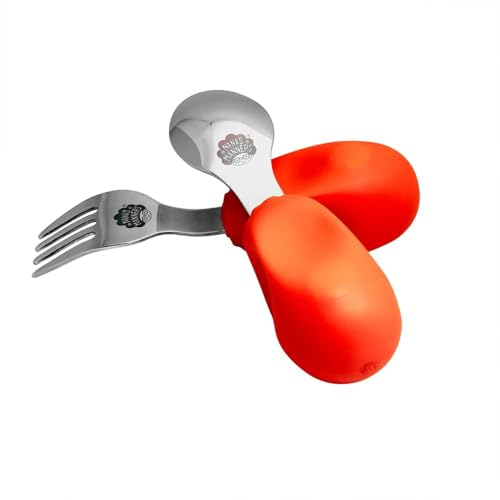Nana’s Manners - Stage 2 Toddler Cutlery Set, Self-Feeding Kids Cutlery Set, Baby Spoon & Fork Set w/Rounded Steel Ends & Easy-to-Grip Handles, Non-BPA, for 12 Months & Up, Jeddie Orange