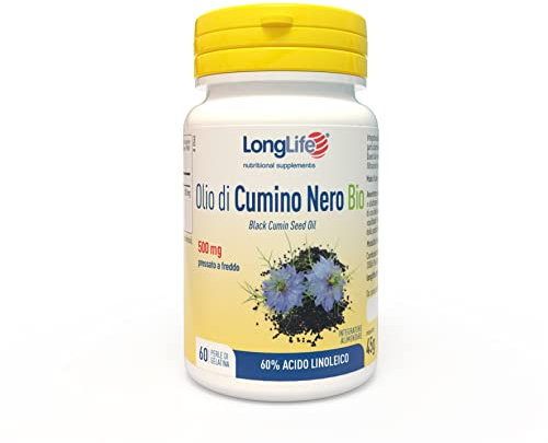 LongLife® Olio di Cumino Nero Bio | Titolato al 60% in acido linoleico | Pressato a freddo | Sostegno immunitario e cardiovascolare | Funzione antiossidante | 1 mese di trattamento | Senza glutine