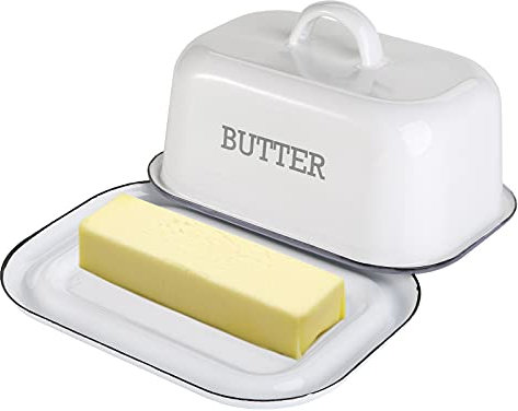 Suwimut Enamel Butter Dish with Lid, Farmhouse White Butter Dish Vintage Black Rim Enamelware Butter Container with Cover, Enameled Steel Butter Keeper Butter Stick Holder for Kitchen Decor