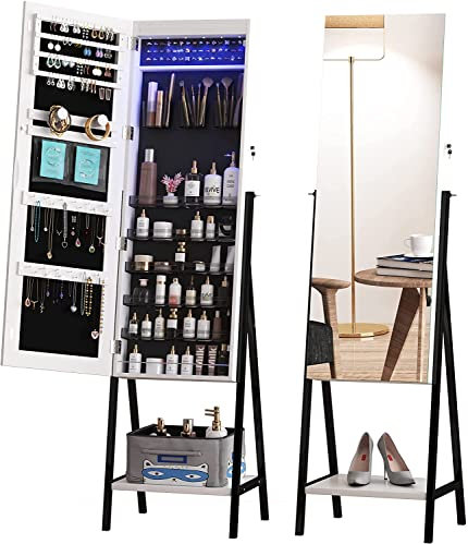 LVSOMT 6 LEDs Jewellry Mirror Cabinet Standing, Full Length Mirror with Storage with Lights, Stand Up Storage Mirror Full Length, Floor Jewellery Mirror, Lockable, Bottom Shelf, White
