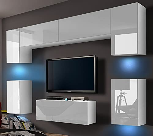 Furnitech Wohnwand Wohnzimmer | Hängend Wohnwand Modern | Wohnzimmer Schrankwand mit Regale und TV Schrank | Wohnzimmer Möbel ohne LED (Future 69/HG/W/2 1B)