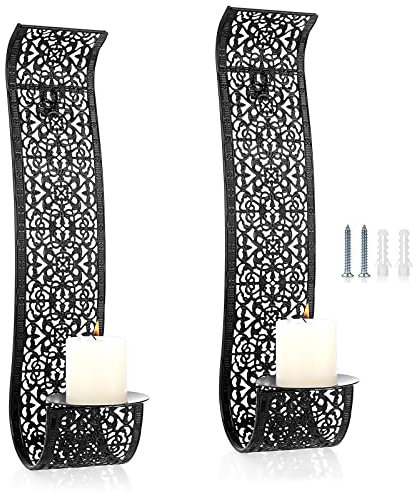 BSTKEY Set of 2 Metal Iron Wall Sconce Candle Holders, Decorative Wall Mounted Hanging Pillar Candle Sconces Holder, Votive Candlestick Stand for Walls