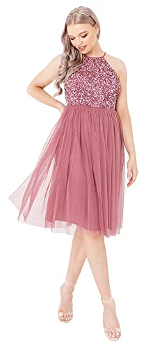 Maya Deluxe Damen Womens Ladies Midi Dress With Halter Neck Tulle For Evening Graduation Prom Wedding Bridesmaids Ball Gown Brautjungfernkleid, Desert Rose, 36 EU