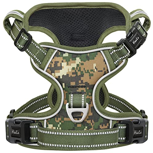 HEELE Hundegeschirr, Hundegeschirr für Kleine Hunde, Freigabe am Hals, Vorderseite Rückseite Clips Hundegeschirr Einstellbar Reflektierend Anti Zug Hundegeschirr mit Gepolstert Grifff, Tarn-Grün, S