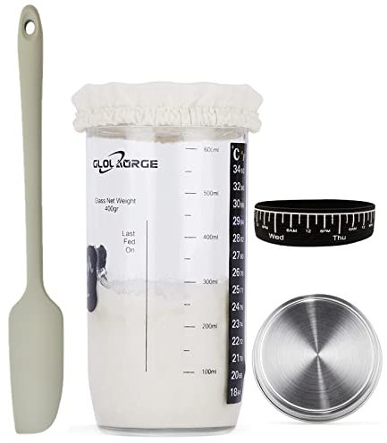 Glolaurge Sourdough Starter Jar, Sourdough Starter Kit with Thermometer, Labels, Spatula, Cloth Cover & Stainless Steel Lid, 24 Oz Wide Mouth Sourdough Starter Container