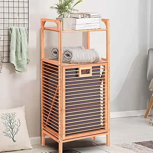 Bakaji Cesto Biancheria Sporca in Bambu Con Tessuto Grigio Portabiancheria Casa Bagno Con 2 Ripiani Contenitore Salvaspazio con Coperchio e Sacco Estraibile 40x30x95 cm