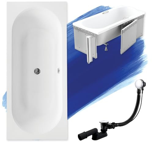 Baignoire rectangulaire Vitate Slim 150 x 75 cm - Kit complet avec revêtement en polystyrène de qualité supérieure, pieds et bonde automatique chromée exclusive - Fabriqué en UE - 4 en 1