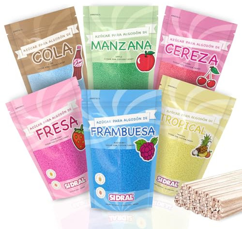 Zuckerwatte Zucker für Zuckerwattemaschine I 1.500 Gramm I Aromen Erdbeere ,und Himbeere, Kirsche, Apfel, Tropisch, Cola (6 x 250 Gramm ) + 20 Stäbchen + Dosierlöffel - MADE IN SPAIN