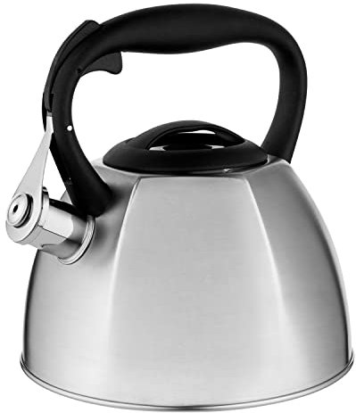 Tetera FLORINA (2,5 l) | Tetera Acero Inoxidable DAKOTA | Tetera Flauta Mango Nylon | A prueba de arañazos | Hervidor Estufa Inducción, Estufa Gas, Estufa Eléctrica | Color: Plata