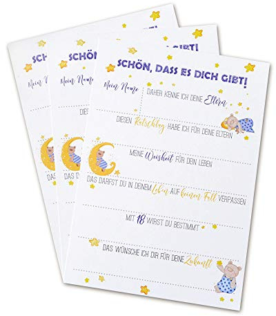 Feenstaub Babyshower Babyparty Taufe Schön, dass du da bist-Karten zum Ausfüllen für die Gäste, Ratschläge für das Baby, 10 Karten A5 für die Taufe oder Babyparty, Gästebuchkarten
