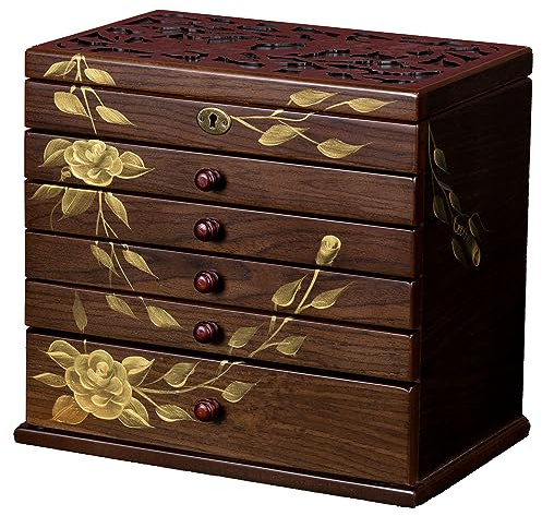 Xloverise Handbemalte Schmuckschatulle aus Holz, 7-lagig, Vintage-Schmuckschatullen aus Holz für Damen, Schmuckhalter, Kommode mit 5 Schubladen, Halsketten-Organizer mit Schloss