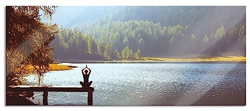 Pixxprint Glasbild Panorama, Wandbild aus Echtglas, Yoga am See, 100x40 cm, inkl. Aufhängung und Abstandshalter
