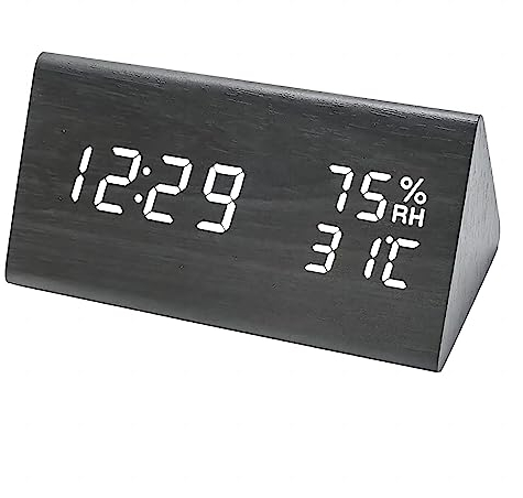 Lancoon Holzwecker, Uhrzeit, Datum, Temperatur und Luftfeuchtigkeit, 12/24 Stunden, Geräuschaktivierung, 3 Alarmeinstellungen, einstellbare Helligkeit, für Zuhause, Schlafzimmer, Büro, Reisen