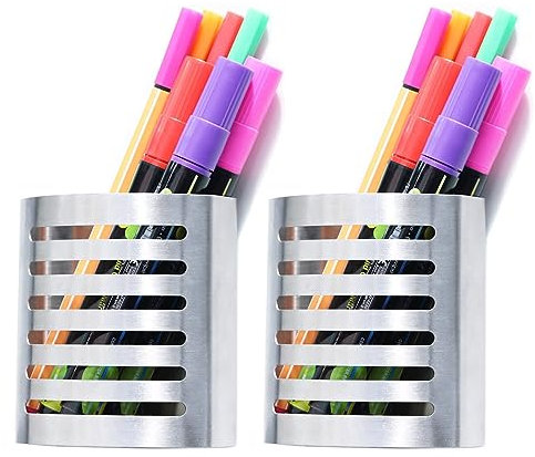 Sanpaint Magnetischer, moderner Stift- und Bleistifthalter, Metall-Schreibutensilien, Aufbewahrung für Küche, Spind, Zuhause oder Büro, 8,3 x 4,4 x 8,9 cm, gebürsteter Edelstahl, 2 Stück