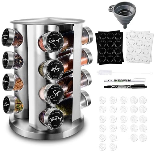 Miorkly Rundes Gewürzregal Mit 16 Gewürzgläser Rund,360° Drehbarer Edelstahl Gewürzkarussell,Gewürz Organizer,Gewürzständer Stehend,Gewürzdosen Mit Streueinsatz,Gewürzglas,Tags,Trichter,Markierstift