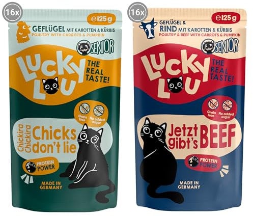 Lucky Lou Lifestage Senior Geflügel & Rind Mix-Paket Katzenfutter nass - hochwertiges Katzenfutter mit viel Protein - Nassfutter getreidefrei & ohne Zucker, 125g (32er Pack)