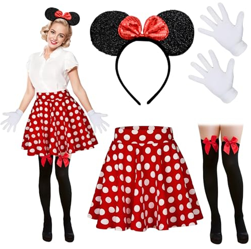 Meanju Mouse Faschingskostüme Damen Mit Weiß Gepunktet Pailletten Haarreifen+Faltenrock+Overknee Strümpfe+Handschuhe Für Kostümparty, Fasching, Karneval Party (XL), Red Adult Xl