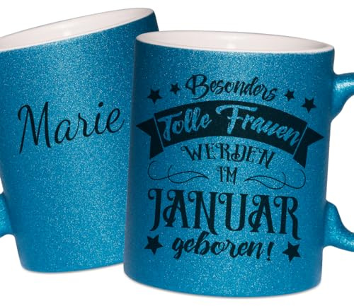 Frauen Januar Geburtstag Geschenk Tasse Glitzer - Kaffeetasse Frau Geschenkidee Sternzeichen Steinbock Wassermann (Blau Glitzer)