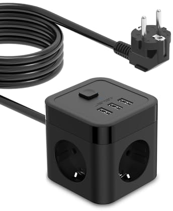 JSVER Steckdosenleiste USB, Mehrfachsteckdose Powercube überspannungsschutz 3 Fach mit 3 USB Steckdosenwürfel Schreibtisch 3680W/16A mit Schalter für Büro,zu Hause oder auf Reisen 5M Kabel-Schwarz