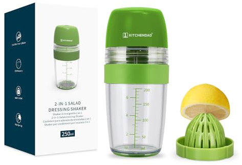 KITCHENDAO 2-in-1 Salatdressing-Shaker mit Saftpresse, Ausgießer, Auslaufsicher, Weicher Griff,Spülmaschinenfest, BPA-frei, Dressingbehälter Salatdressing Shaker 250ml-Grün