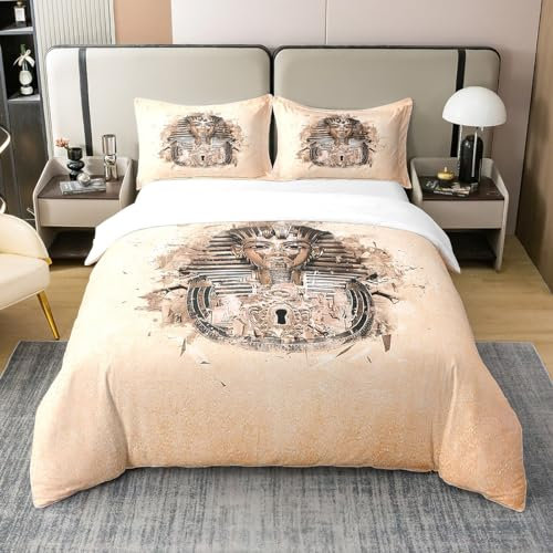 Loussiesd Ägypten Muster Bettwäsche Set für Jungen Mädchen Kinder Exotic Bettbezug Set mit Reißverschlussbetten Set 1 Bettwäsche Set 135x200cm 100% Baumwolle + Kissenbezüge 80x80 cm