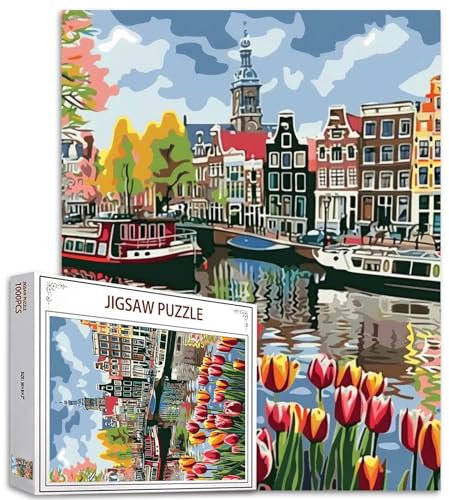 1000 Stück Puzzles für Erwachsene Graffitistadt Malerei Puzzle Tulpen Puzzles für herausfordernde Familie Aktivität Spiel Boot Kunst DIY Puzzle Wanddekoration Geschenke (bunt)