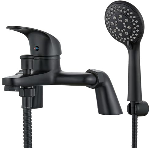 Eovem Black Bath Tap, Single Lever Bathroom Shower Tap Round Tub Tap Bathroom Mixer Tap with Shower Attachment