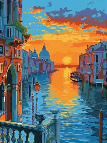 Coucher de soleil Peinture Numero Adulte, Eenfants Peinture par Numéro petite ville Peinture par Numero Débutants Activité Manuelle, 3 Pinceaux et Acryliques Pigment, Decoration Murale 90x120cm -Y374