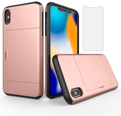 Asuwish Phone Case for iPhone Xs Max with Tempered Glass Screen Protector Cover and Accessories Card Holder Slot Slim Hybrid Cell i X XR Xsmax 10x SX Xmax 10xs 10s 10 Plus Xmaxs Women Men Rose Gold